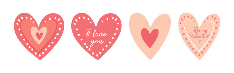 Set of doodle heart shapes on white background. Hand drawn vector flat valentine cards with romantic design decoration, font, vector love symbols. Valentine's Day icons collection.