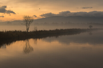 Piękny malowniczy wschó słonca nad wodą. 