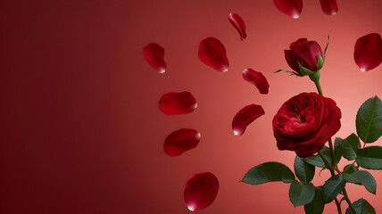 Falling red rose petals and bloom on a deep red background with dramatic lighting