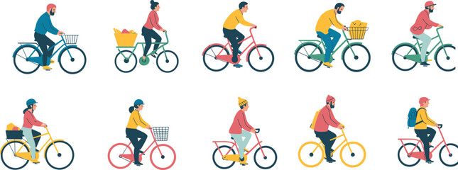 Diverse bicycle riders in colorful outfits with baskets and backpacks, urban commuting and lifestyle vector illustration set