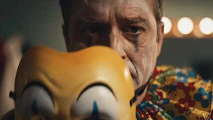 Exhausted middle aged caucasian actor taking off a smiling clown mask to show his true face. Mental health concept of sadness, emotional burnout and the duality of appearance versus reality