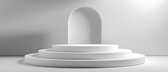 Obraz premium Multi-tiered white podium with arched backdrop for presentation, color of the year 2026, cloud dancer background 