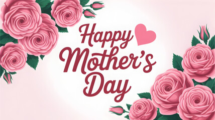 Happy mothers day floral background with pink roses and a heart shaped illustration