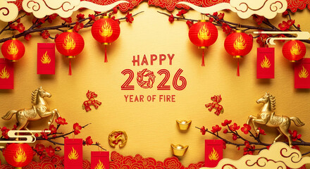 Festive arrangement with red lanterns, gold horses, blossom branch and inscription 2026, year of fire, representing Lunar New Year celebration
