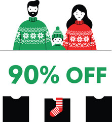 Festive Family in Winter Clothing with 90% OFF Sale Banner and Christmas Stocking for Holiday Season Vector Promotion Design
