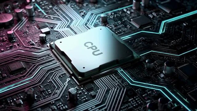 Cpu processor chip on electronic motherboard with digital circuit connections glowing in technology environment showcasing hardware performance power data computing and modern innovation video