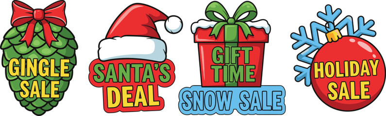 Festive holiday sale icons with Santa hat, gift box, pinecone, ornament, snowflake, colorful Christmas discount vector illustration set