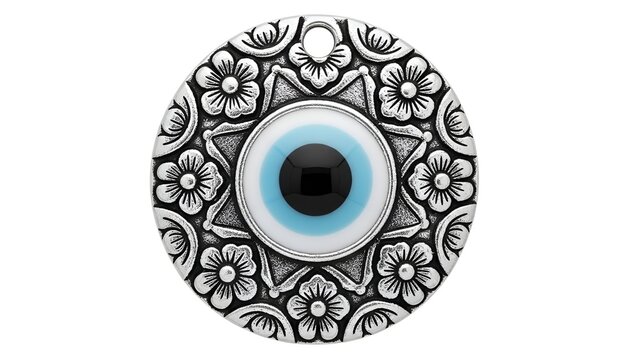 Ornate antique silver evil eye charm pendant with intricate floral pattern and blue black pupil, isolated on white background