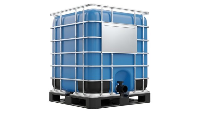 Blue plastic intermediate bulk container IBC tank with protective metal cage and black pallet, isolated on white background