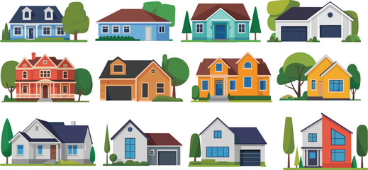 Residential house illustration set with diverse architectural styles, colorful designs, landscaping elements, modern and traditional home vector collection