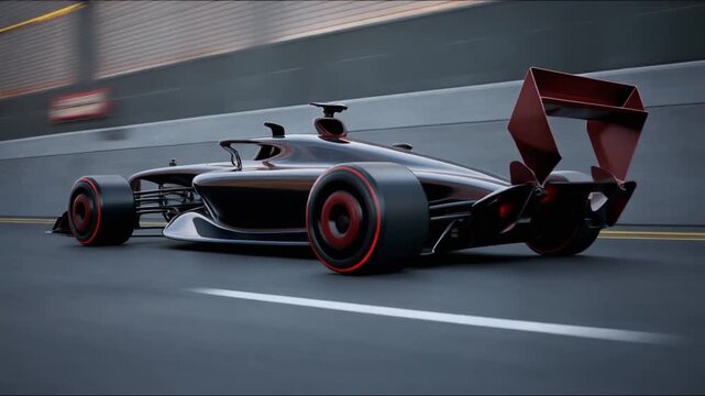Sleek black and red futuristic concept race car speeding on an asphalt track with motion blur.