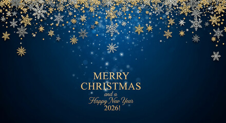 Festive image with golden and silver snowflakes and stars on a blue background, representing Christmas and New Year 2026 greetings, suitable for holiday concepts