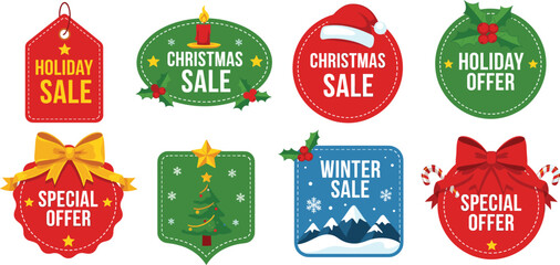 Set of Eight Holiday Sale and Offer Tags with Christmas Elements for Seasonal Promotion, Marketing, and Winter Discount Vector Design