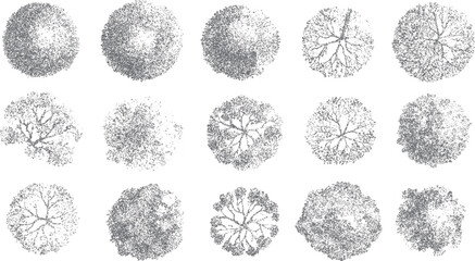 Fototapeta premium Fifteen grey abstract textured circular shapes resembling tree canopies viewed from above in a grid layout
