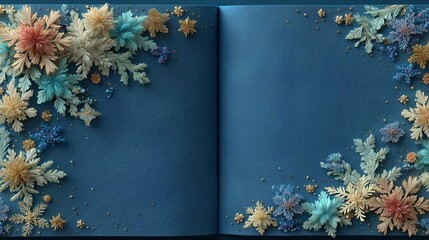 Winter floral background with blue snowflakes and watercolor flowers