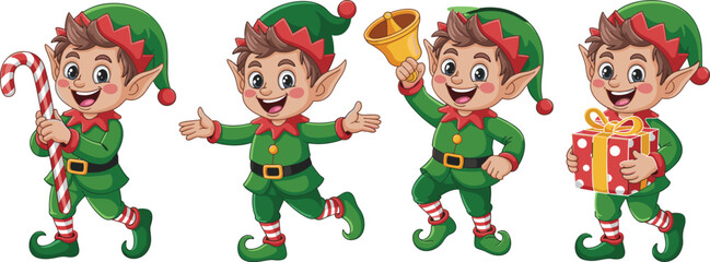 Set of Four Cartoon Christmas Elves in Festive Poses Holding Candy Cane, Gift, Bell, and Presenting Gesture for Holiday Design