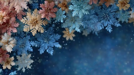 Winter floral background with blue snowflakes and watercolor flowers