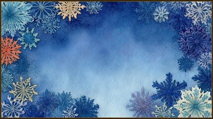 Winter floral background with blue snowflakes and watercolor flowers
