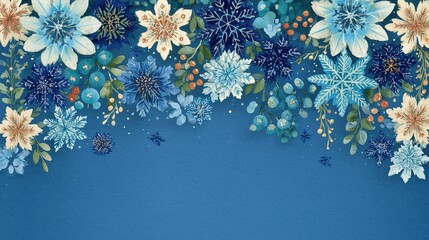 Winter floral background with blue snowflakes and watercolor flowers