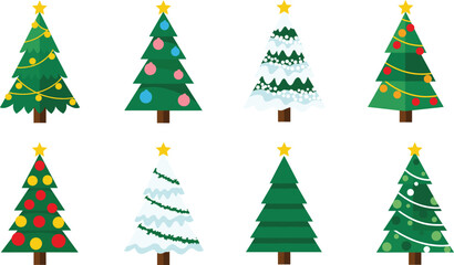 Set of Eight Stylized Christmas Trees with Stars, Ornaments, Snow, and Garland in Festive Holiday Theme for Seasonal Vector Design