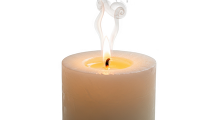 White pillar candle with burning flame and smoke swirls fire