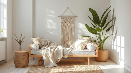 Cozy domestic cat relaxing on a comfortable couch in a bright living room interior