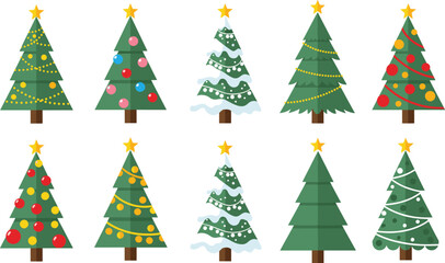 Set of Ten Stylized Christmas Trees with Stars, Ornaments, Snow, and Garland for Festive Holiday Season Vector Design Collection