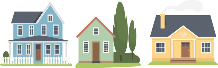 Three residential houses with unique architectural styles, colors, porches, trees, and landscaping elements vector illustration set