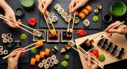 Top View of Friends Eating Assorted Sushi Rolls with Chopsticks