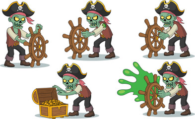 Zombie pirate character in action poses with ship wheel, treasure chest, green slime, cartoon undead sailor vector illustration set