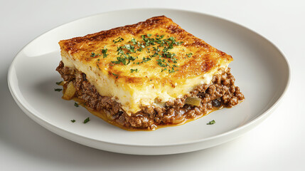 Delicious moussaka with layers of meat and creamy topping, garnished with herbs, perfect for comforting meal