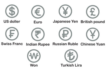 Money, dollar, world currency signs and icons vector bundle set. Money, dollar, and world currency signs and icons vector bundle set featuring global currency symbols in clean, modern styles