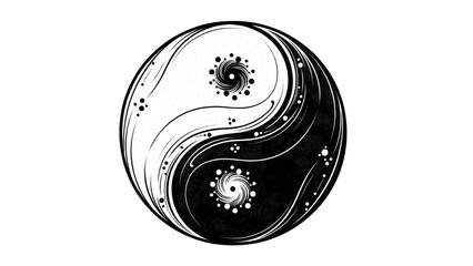 White yin yang symbol with intricate patterns on black background taijitu black and white