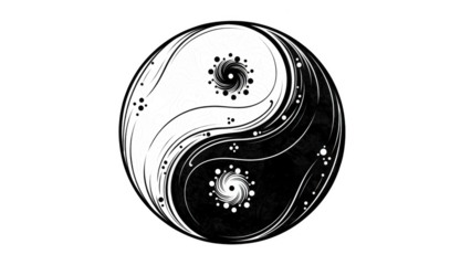 White yin yang symbol with intricate patterns on black background taijitu black and white
