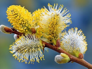 Yellow and white fluffy catkins on willow branch in springtime  