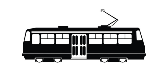 Black silhouette of a modern tram or streetcar with pantograph on white