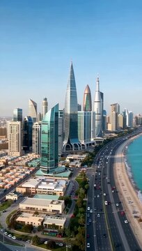 Aerial vertical video of the modern Doha Qatar city skyline and coastline.