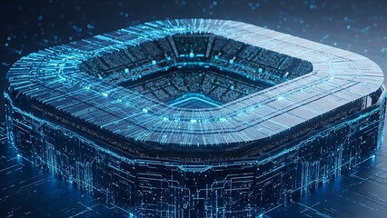 Futuristic stadium with glowing blue digital circuit lines and a dark background