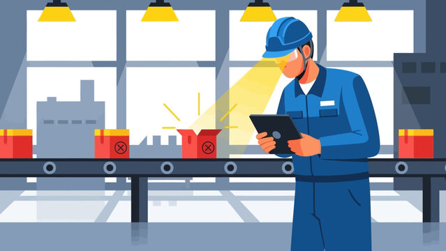 industrial worker using digital tablet for quality control in factory setting