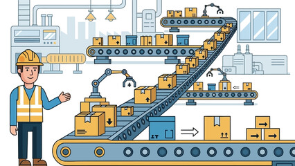 Naklejka premium Modern automated warehouse with conveyor system and logistics worker