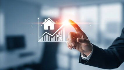 Hand touching a digital display showing a house and rising graph