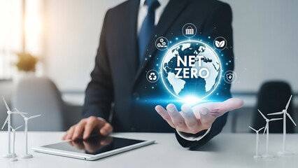 Businessman interacting with a digital net zero interface and sustainable energy models