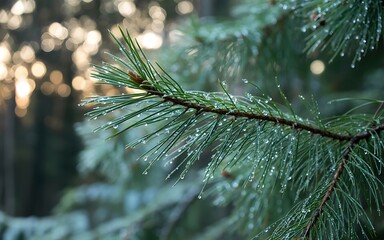 Close up of pine needles with water droplets in soft golden light