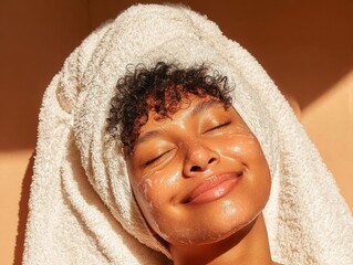 Young woman smiling with facial cleanser and towel on her head  