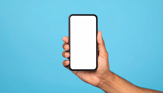 Male Hand Holding Smartphone with Blank Screen on Solid Blue Background, Generated with AI. - Powered by Adobe
