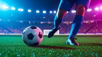 Dynamic soccer player kicking a ball during a vibrant stadium game with bright lights