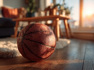Basketball on wooden floor in cozy living room during sunset  