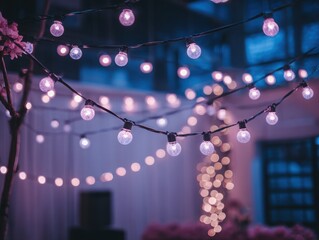 Decorative string lights illuminated in a soft purple ambiance  