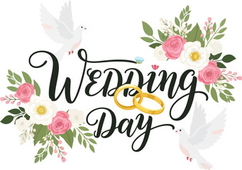 Elegant Wedding Day Vector Badge With Doves And Flower Bouquet
