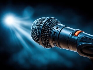 Close-up view of a microphone with spotlight effect on dark background  